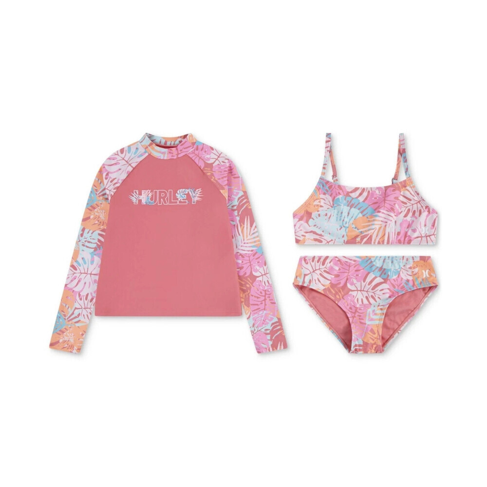 Hurley 3-Piece Rashguard Set Girls 14 Sunset Coral Tropical Swimwear RED1390